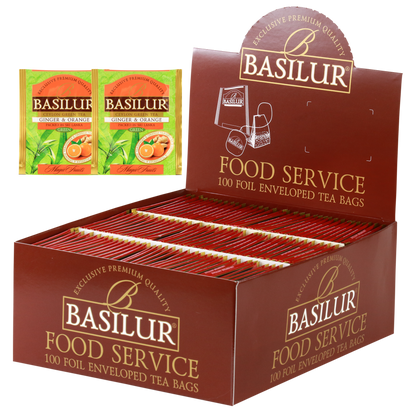 Herbata Basilur Ginger & Orange w ekspozytorze typu food service, 100 torebek w kopertach.