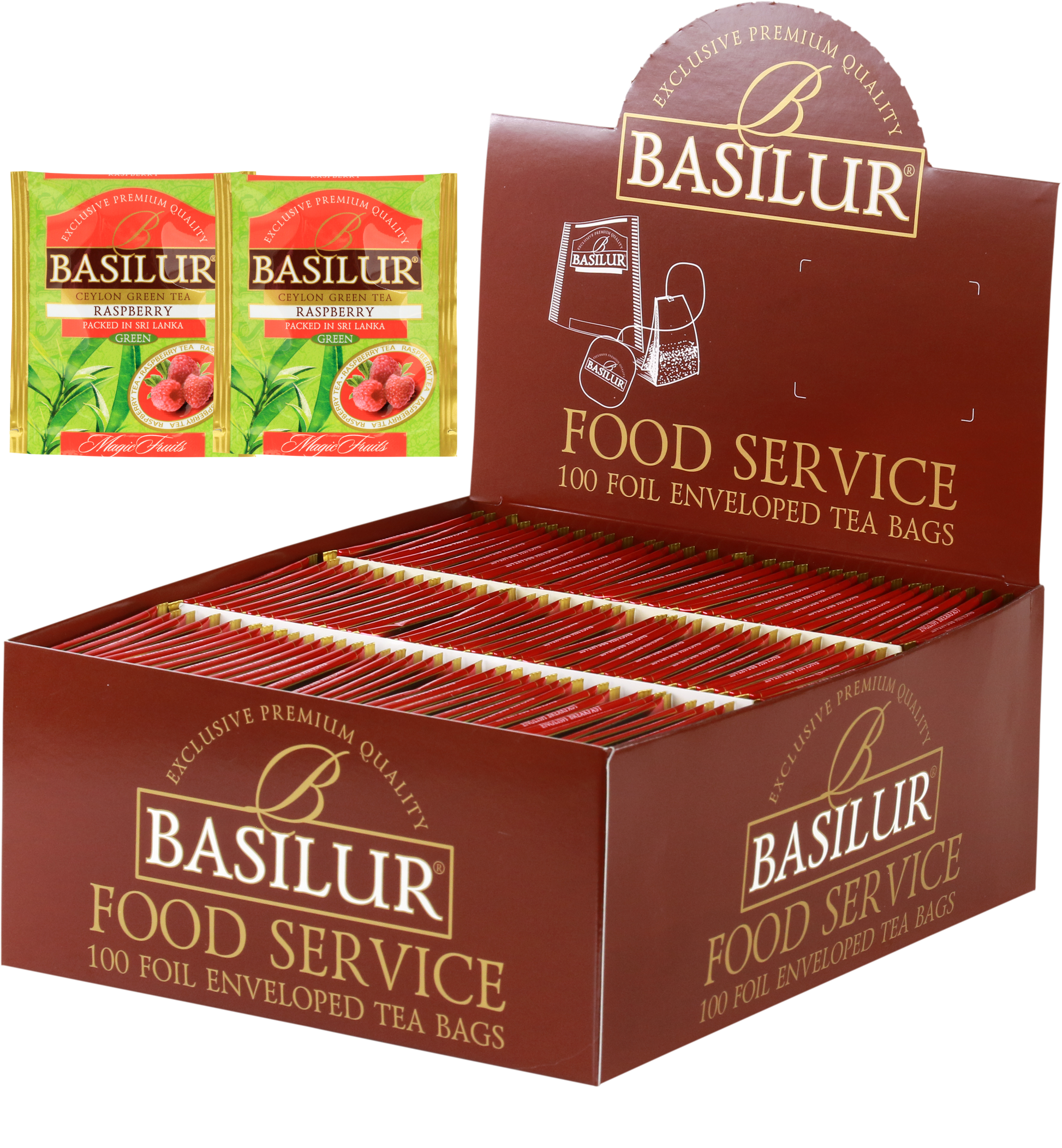 Herbata Basilur Raspberry w ekspozytorze typu food service, 100 kopertowanych torebek zielonej herbaty.