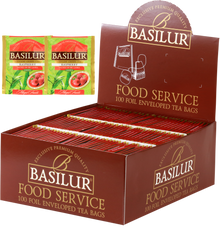 Herbata Basilur Raspberry w ekspozytorze typu food service, 100 kopertowanych torebek zielonej herbaty.
