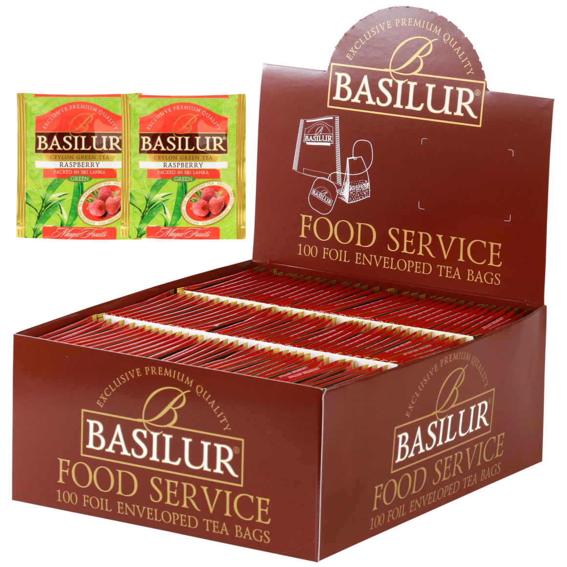 Herbata Basilur Raspberry w ekspozytorze typu food service, 100 kopertowanych torebek zielonej herbaty.