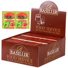 Herbata Basilur Raspberry w ekspozytorze typu food service, 100 kopertowanych torebek zielonej herbaty.