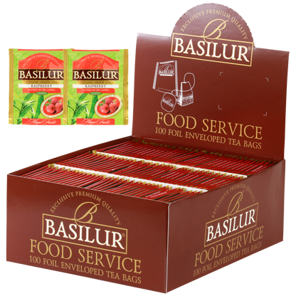Herbata Basilur Raspberry w ekspozytorze typu food service, 100 kopertowanych torebek zielonej herbaty.