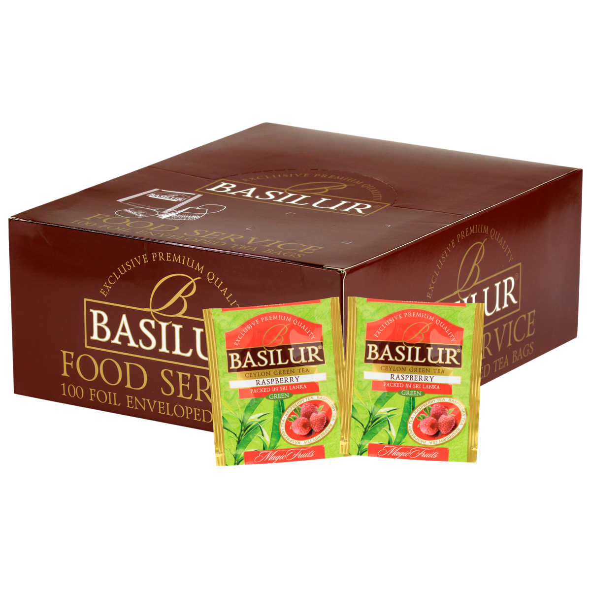 Opakowanie zbiorcze Basilur Raspberry z saszetkami zielonej herbaty cejlońskiej o smaku malin.