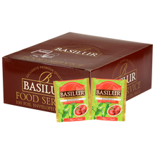 Opakowanie zbiorcze Basilur Raspberry z saszetkami zielonej herbaty cejlońskiej o smaku malin.