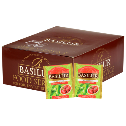 Opakowanie zbiorcze Basilur Raspberry z saszetkami zielonej herbaty cejlońskiej o smaku malin.