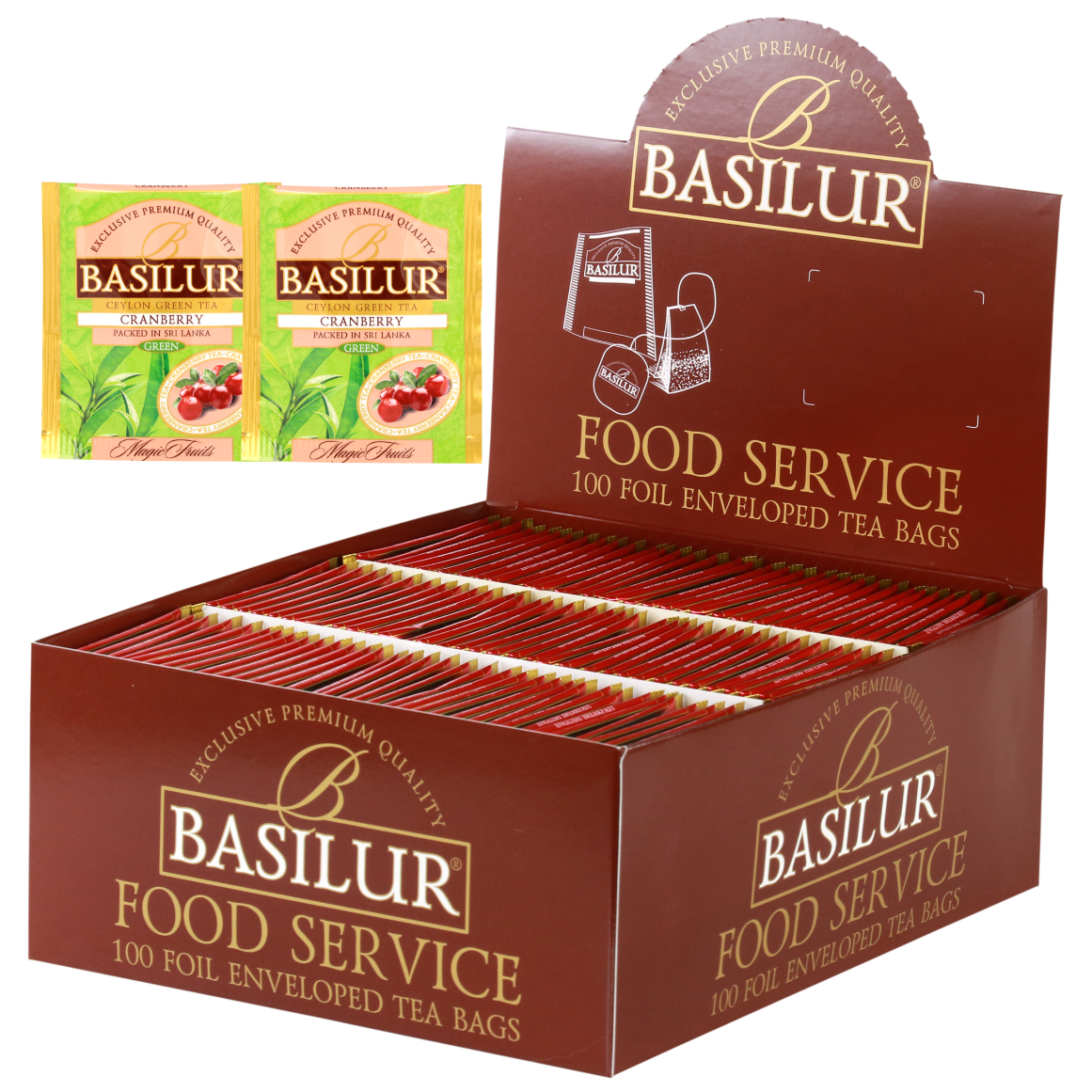 Herbata Basilur Cranberry w ekspozytorze typu food service, 100 kopertowanych torebek zielonej herbaty z żurawiną.