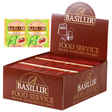 Herbata Basilur Cranberry w ekspozytorze typu food service, 100 kopertowanych torebek zielonej herbaty z żurawiną.