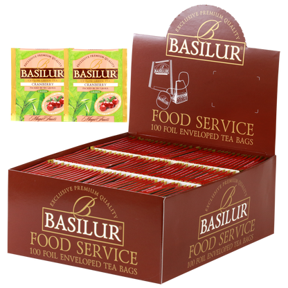 Herbata Basilur Cranberry w ekspozytorze typu food service, 100 kopertowanych torebek zielonej herbaty z żurawiną.