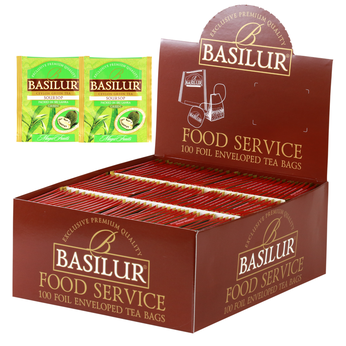 Herbata Basilur Soursop w ekspozytorze typu food service, 100 kopertowanych torebek zielonej herbaty z graviolą.