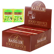 Herbata Basilur Soursop w ekspozytorze typu food service, 100 kopertowanych torebek zielonej herbaty z graviolą.