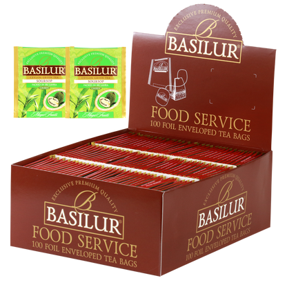 Herbata Basilur Soursop w ekspozytorze typu food service, 100 kopertowanych torebek zielonej herbaty z graviolą.