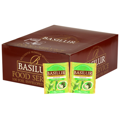 Opakowanie zbiorcze Basilur Soursop z saszetkami zielonej herbaty cejlońskiej o smaku gravioli.