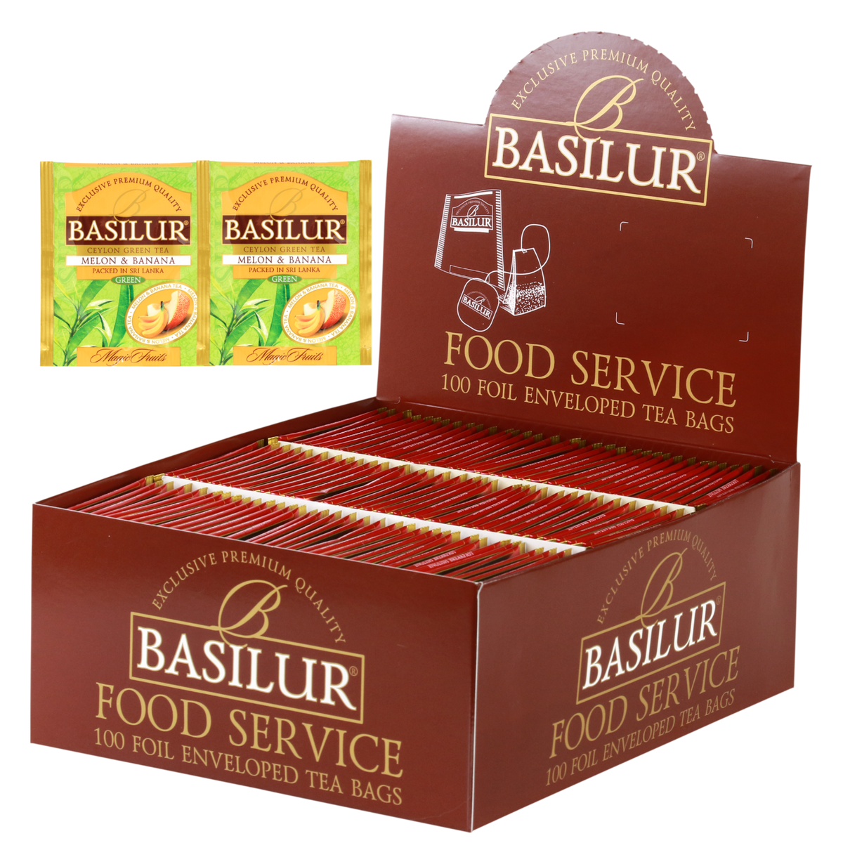 Herbata Basilur Melon & Banana w ekspozytorze typu food service, 100 kopertowanych torebek zielonej herbaty.