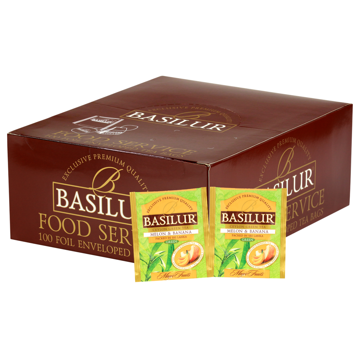Opakowanie zbiorcze Basilur Melon & Banana z saszetkami zielonej herbaty cejlońskiej o smaku melona i banana.