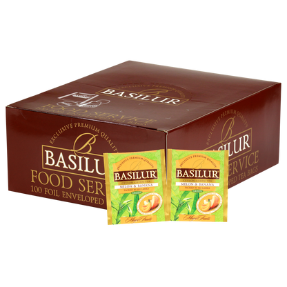 Opakowanie zbiorcze Basilur Melon & Banana z saszetkami zielonej herbaty cejlońskiej o smaku melona i banana.