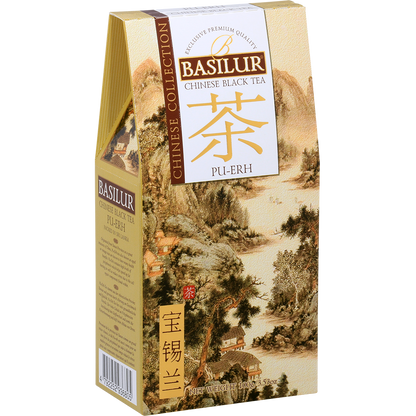 Bok pudełka Basilur Pu-Erh z opisem i detalami kolekcji Chinese Collection.
