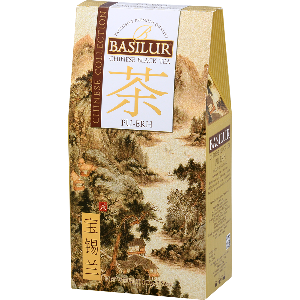 Herbata Basilur Pu-Erh w ozdobnym kartoniku, idealna dla koneserów herbat.