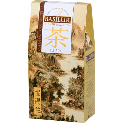 Herbata Basilur Pu-Erh w ozdobnym kartoniku, idealna dla koneserów herbat.