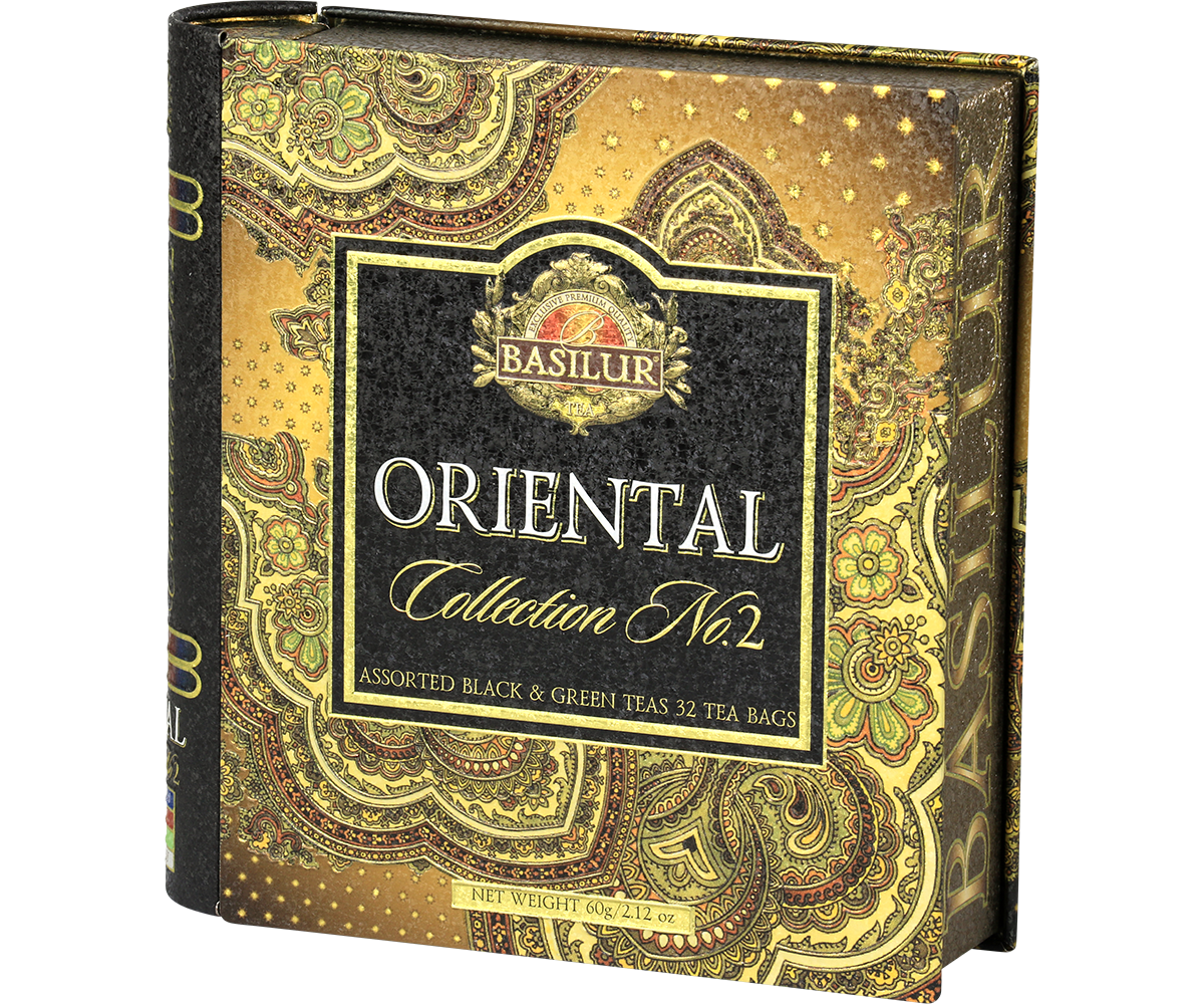 Bok pudełka Basilur Oriental Collection No. 2 – ekskluzywny zestaw czarnych i zielonych herbat.