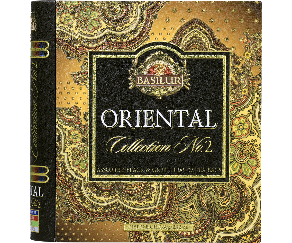 Saszetka Basilur Milk Oolong White Moon i torebka z zieloną herbatą, element zestawu Oriental Collection No. 2.
