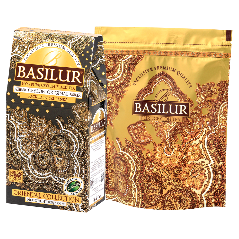 Herbata Basilur Ceylon Original 100 g – czarna herbata cejlońska w orientalnym opakowaniu z złotą torebką.