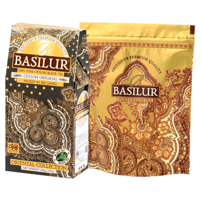 Herbata Basilur Ceylon Original 100 g – czarna herbata cejlońska w orientalnym opakowaniu z złotą torebką.