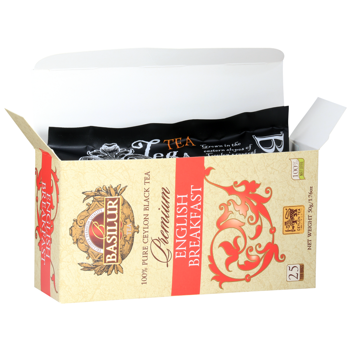 Otwarta paczka Basilur Premium English Breakfast z czarną herbatą w torebkach
