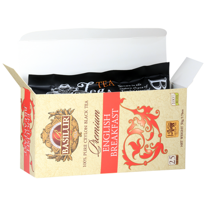 Otwarta paczka Basilur Premium English Breakfast z czarną herbatą w torebkach