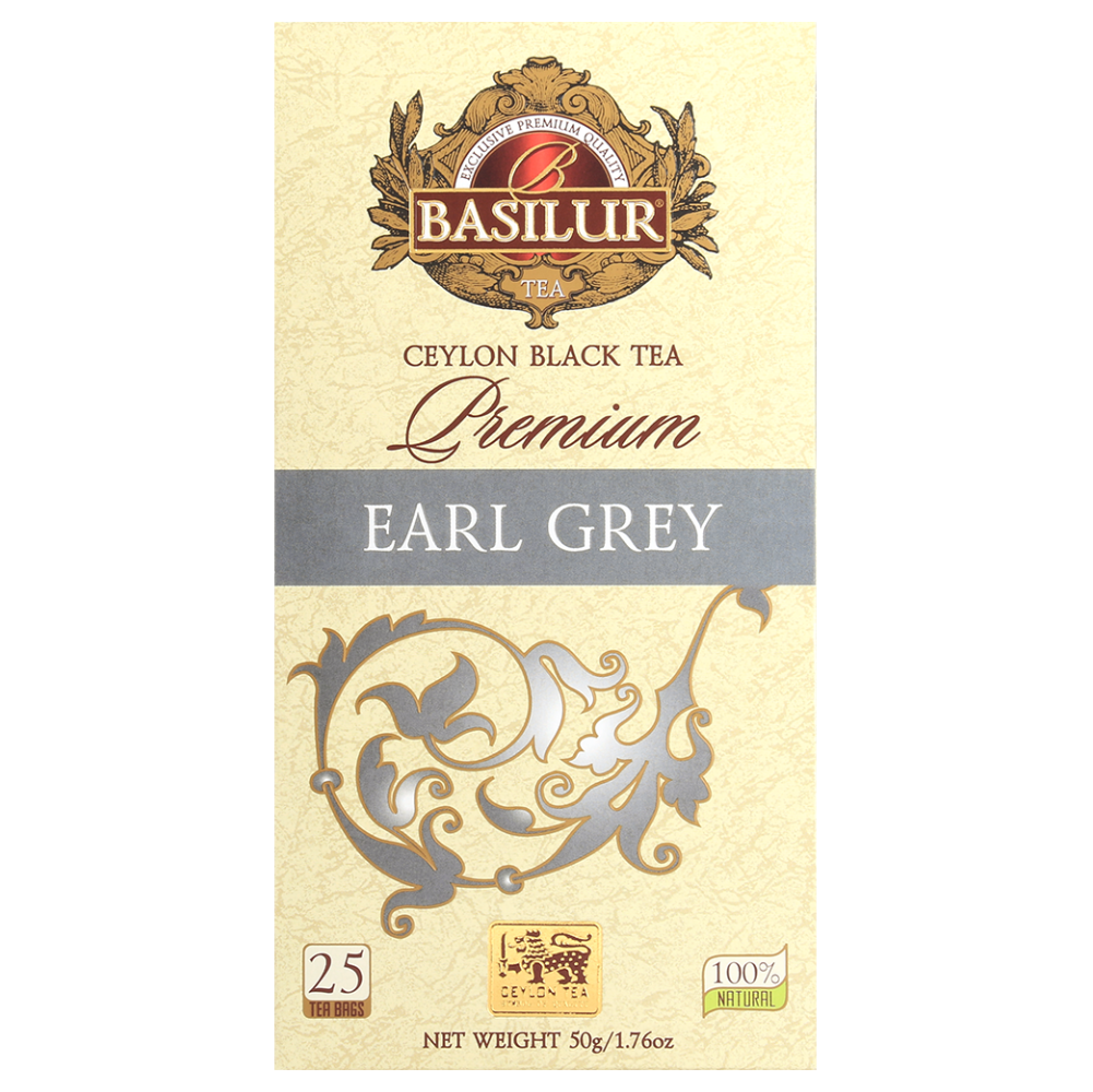 Front opakowania Basilur Premium Earl Grey czarna herbata z nuta bergamotki 25 torebek