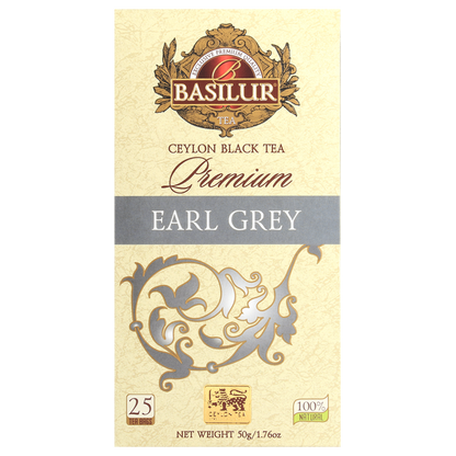 Front opakowania Basilur Premium Earl Grey czarna herbata z nuta bergamotki 25 torebek