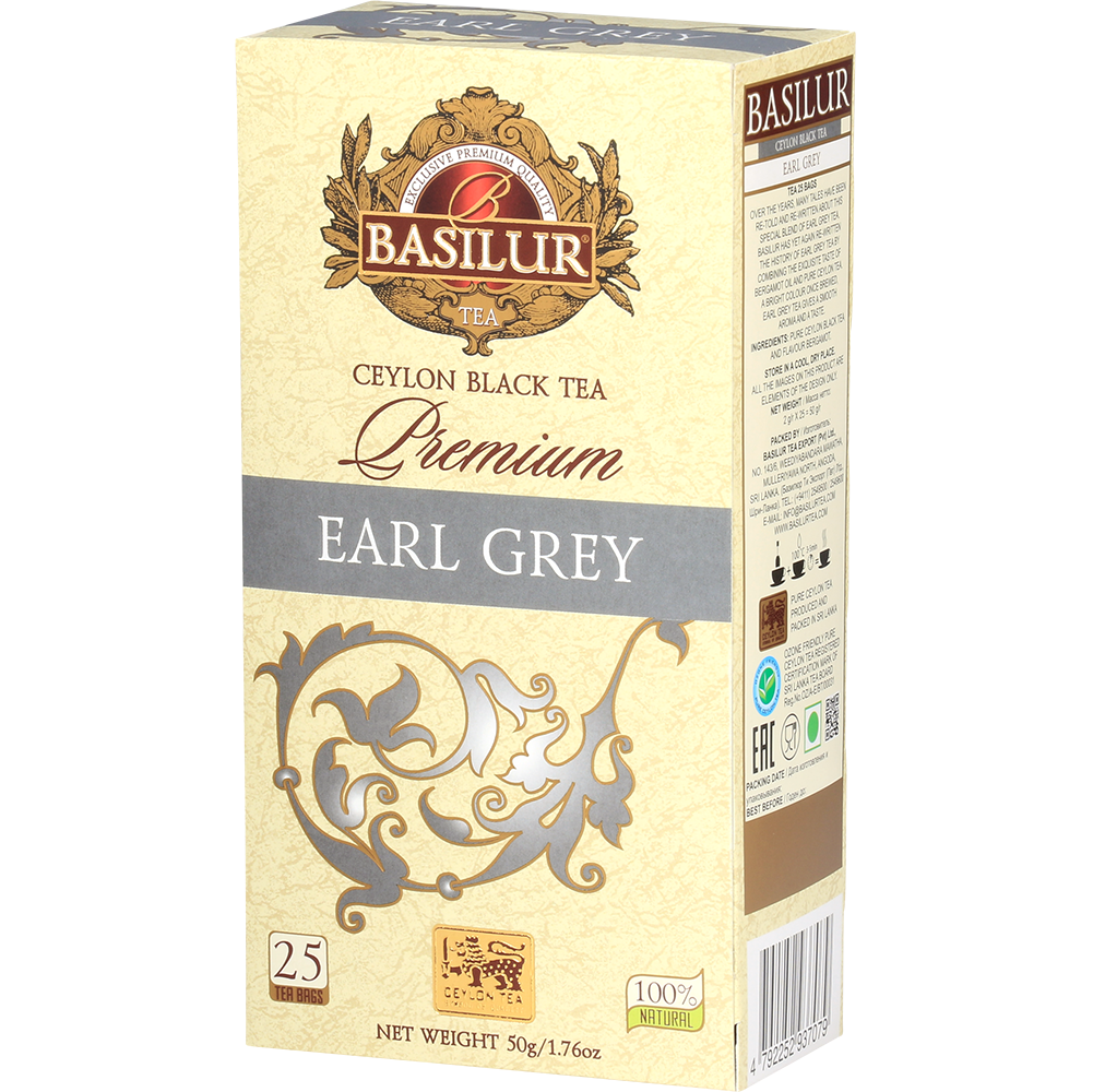 Opakowanie herbaty Basilur Premium Earl Grey czarna herbata cejlonska 25 torebek 50 g