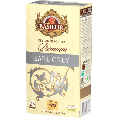 Opakowanie herbaty Basilur Premium Earl Grey czarna herbata cejlonska 25 torebek 50 g