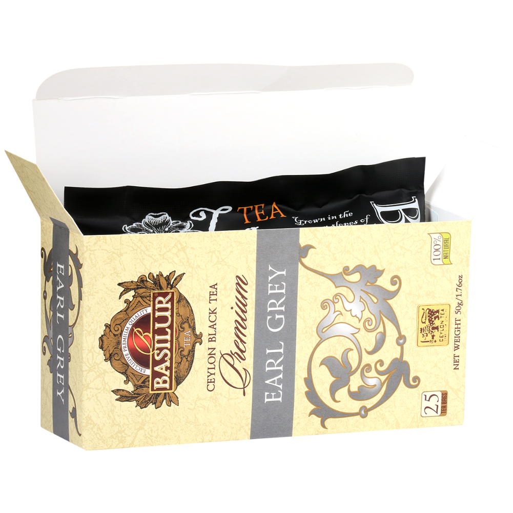 Otwarta herbata Basilur Premium Earl Grey 25 torebek czarna herbata cejlońska w eleganckim opakowaniu