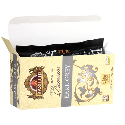 Otwarta herbata Basilur Premium Earl Grey 25 torebek czarna herbata cejlońska w eleganckim opakowaniu