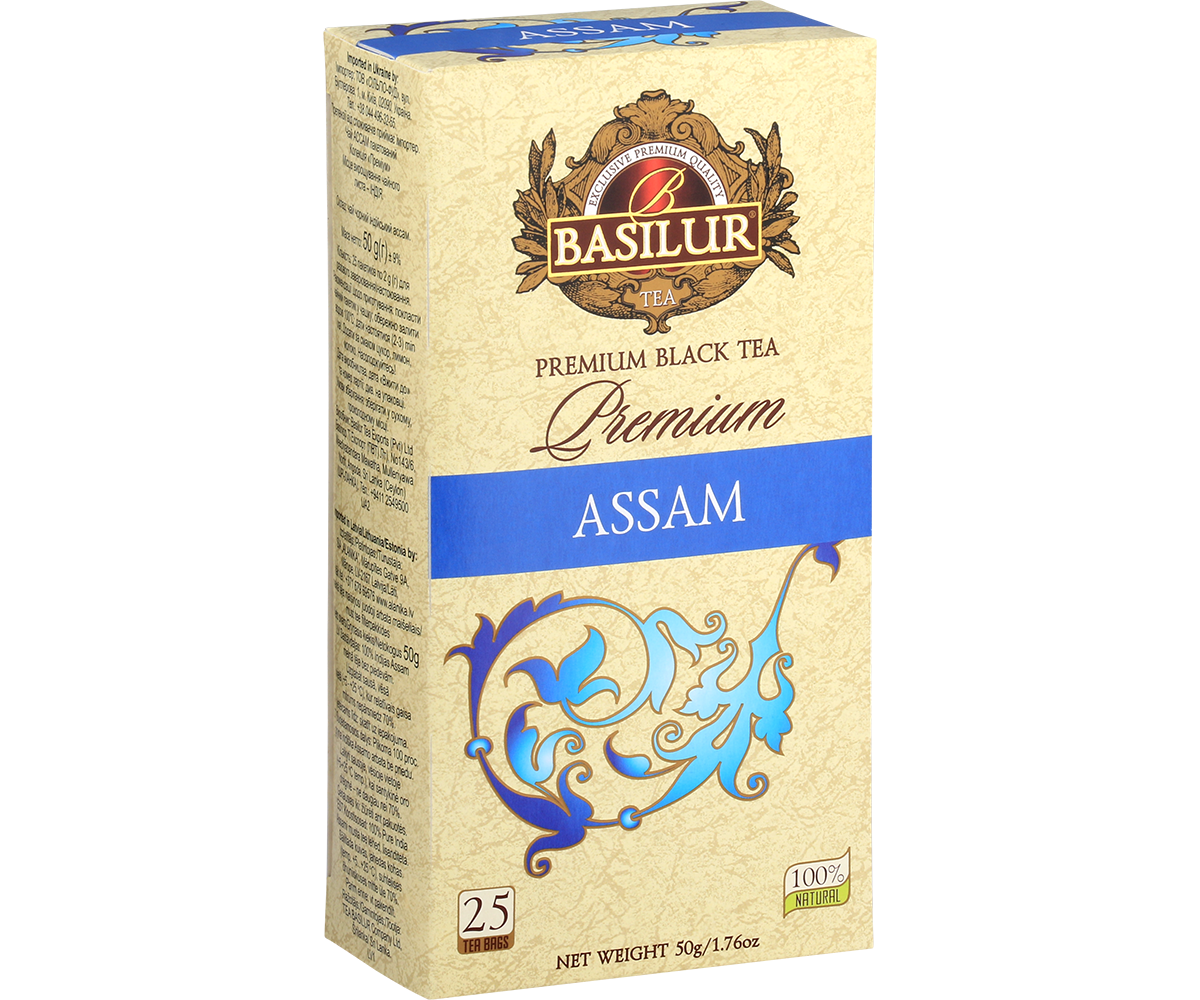 Opakowanie herbaty Basilur Premium Assam – czarna herbata cejlońska w eleganckiej beżowo-niebieskiej szacie.