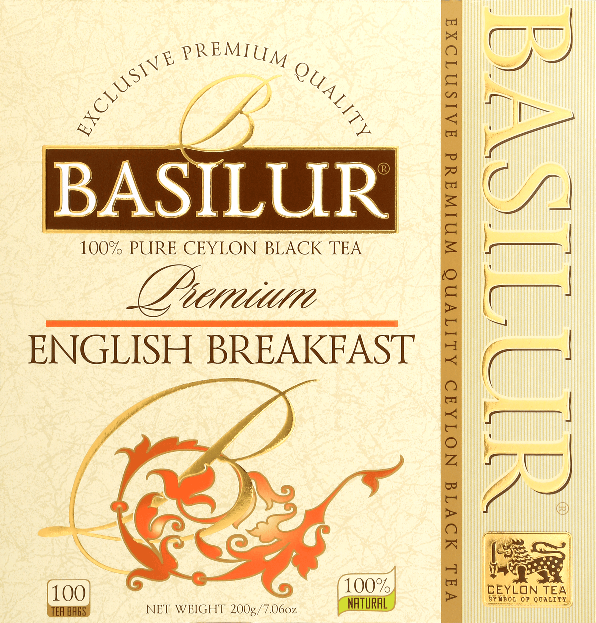 Herbata Basilur English Breakfast – front opakowania z logo i złotymi detalami