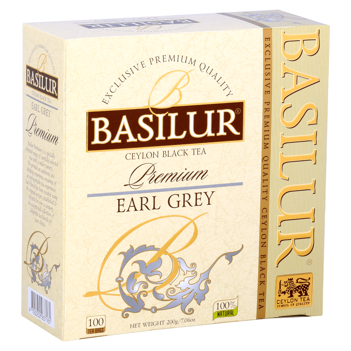 Herbata Basilur Premium Earl Grey – klasyczne pudełko z logo i złotymi detalami