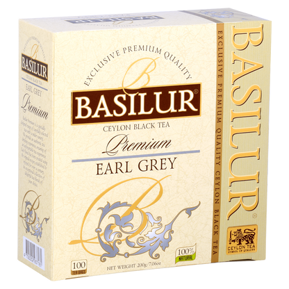 Herbata Basilur Premium Earl Grey – klasyczne pudełko z logo i złotymi detalami