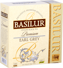 Herbata Basilur Premium Earl Grey – klasyczne pudełko z logo i złotymi detalami