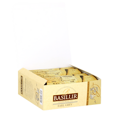 Otwarta paczka herbaty Basilur Premium Earl Grey 100 kopert czarnej herbaty cejlońskiej