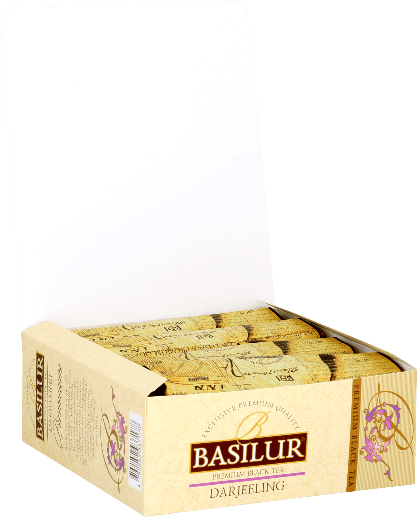 Otwarte pudełko Basilur Darjeeling z torebkami herbaty