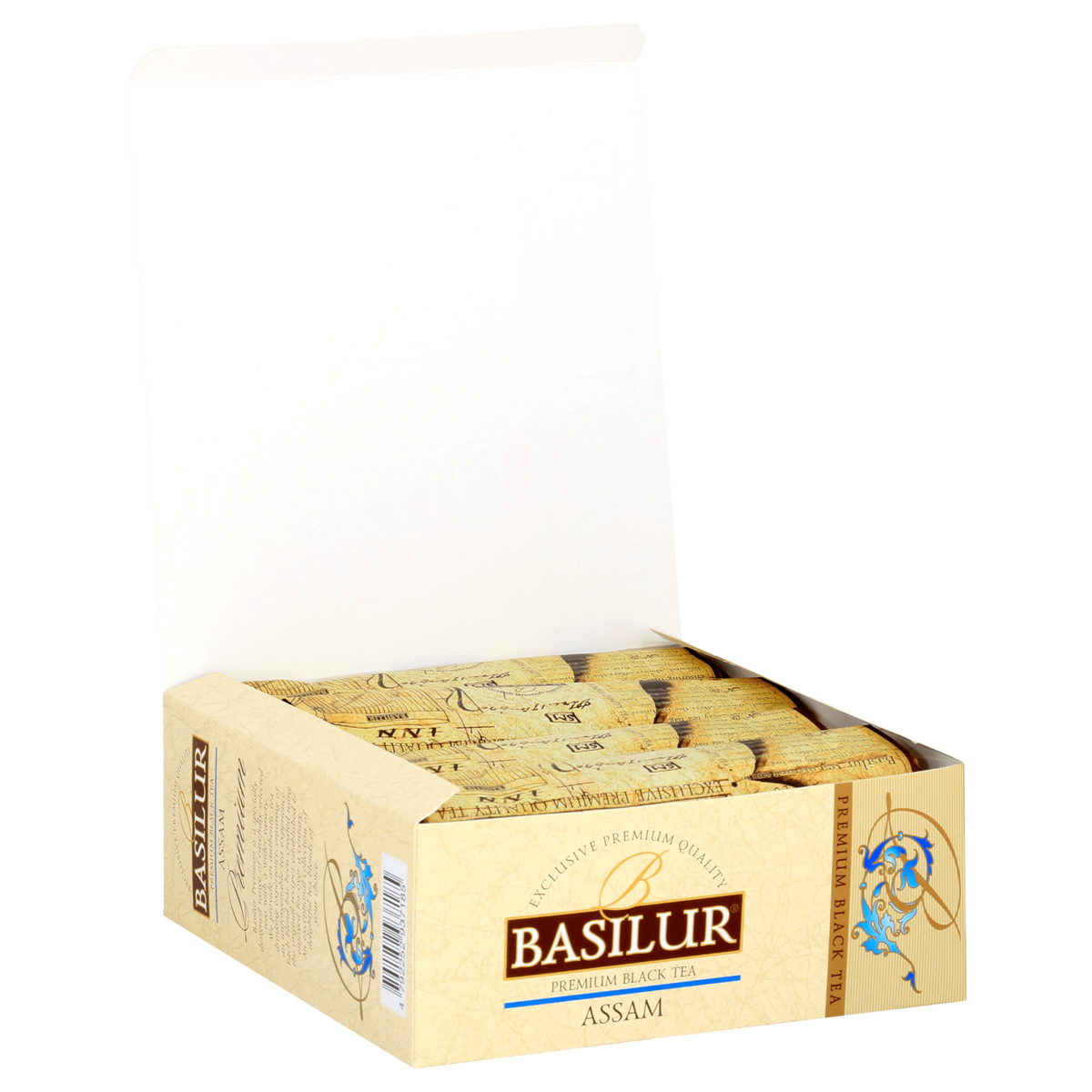 Otwarta paczka Basilur Assam z kopertami czarnej herbaty o intensywnym aromacie