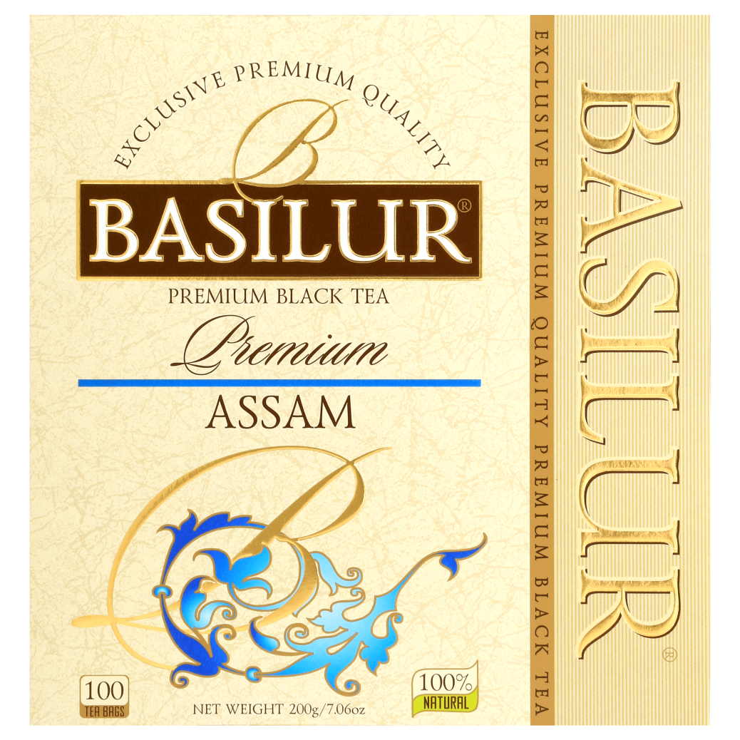 Front pudełka Basilur Assam z logo i złoto-niebieskimi zdobieniami