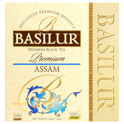 Front pudełka Basilur Assam z logo i złoto-niebieskimi zdobieniami