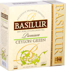 Front opakowania Basilur Ceylon Green z logo i złoto-zielonymi zdobieniami