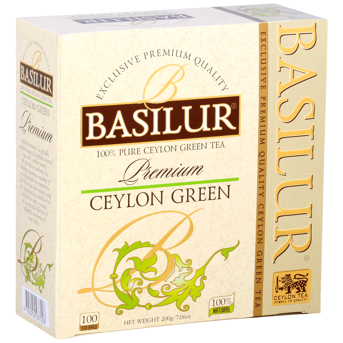 Front opakowania Basilur Ceylon Green z logo i złoto-zielonymi zdobieniami