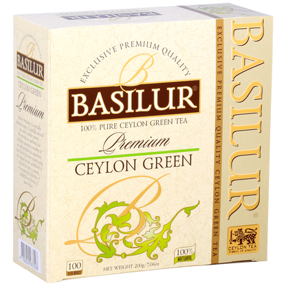 Front opakowania Basilur Ceylon Green z logo i złoto-zielonymi zdobieniami