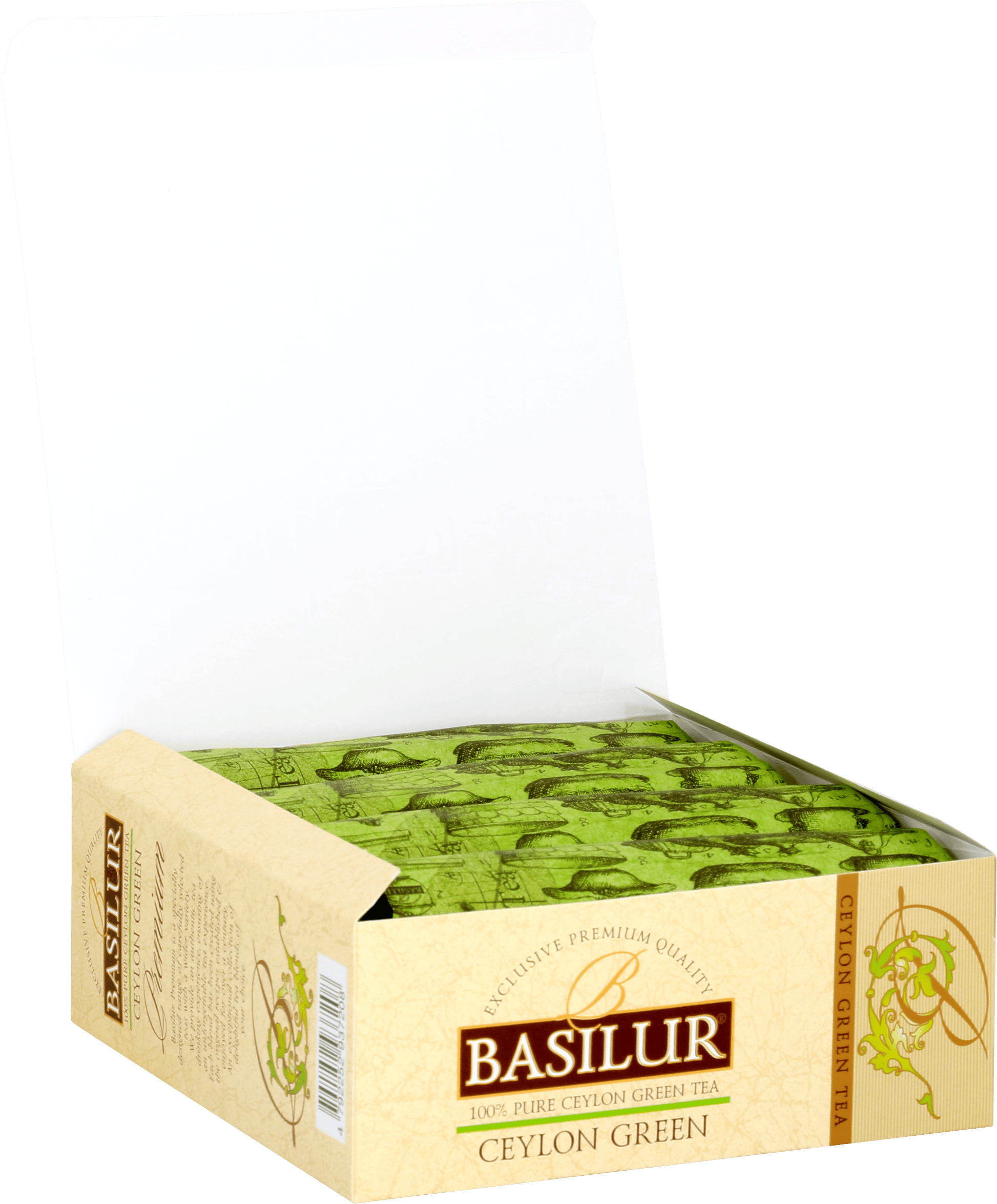 Otwarta paczka Basilur Ceylon Green z kopertami zielonej herbaty cejlońskiej