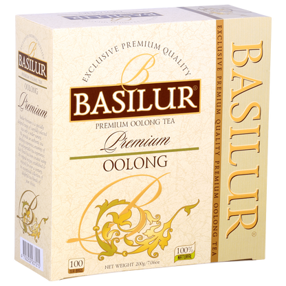 Opakowanie Basilur Oolong – elegancka herbata cejlońska o złoto-zielonych detalach