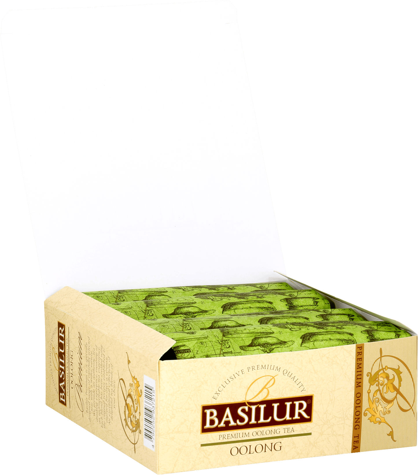 Otwarta paczka Basilur Premium Oolong z kopertami herbaty półfermentowanej